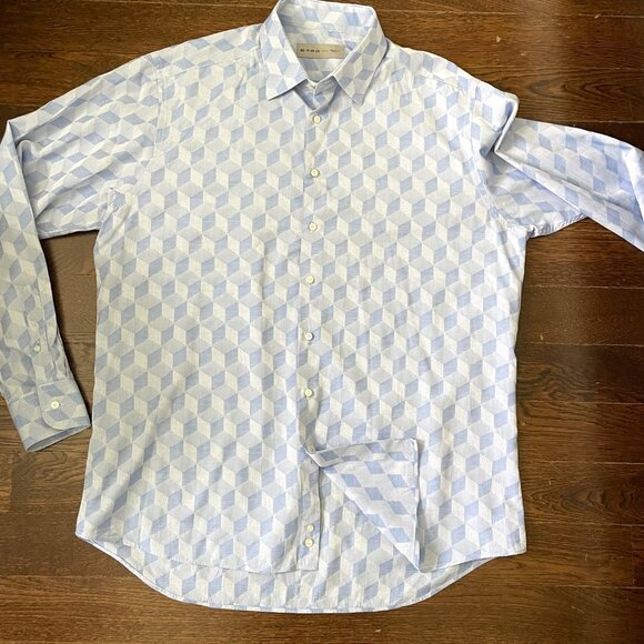 Men's Etro 100% Cotton Dress shirt White Blue 3D Squares-Sz. 44-XL - Picture 11 of 12